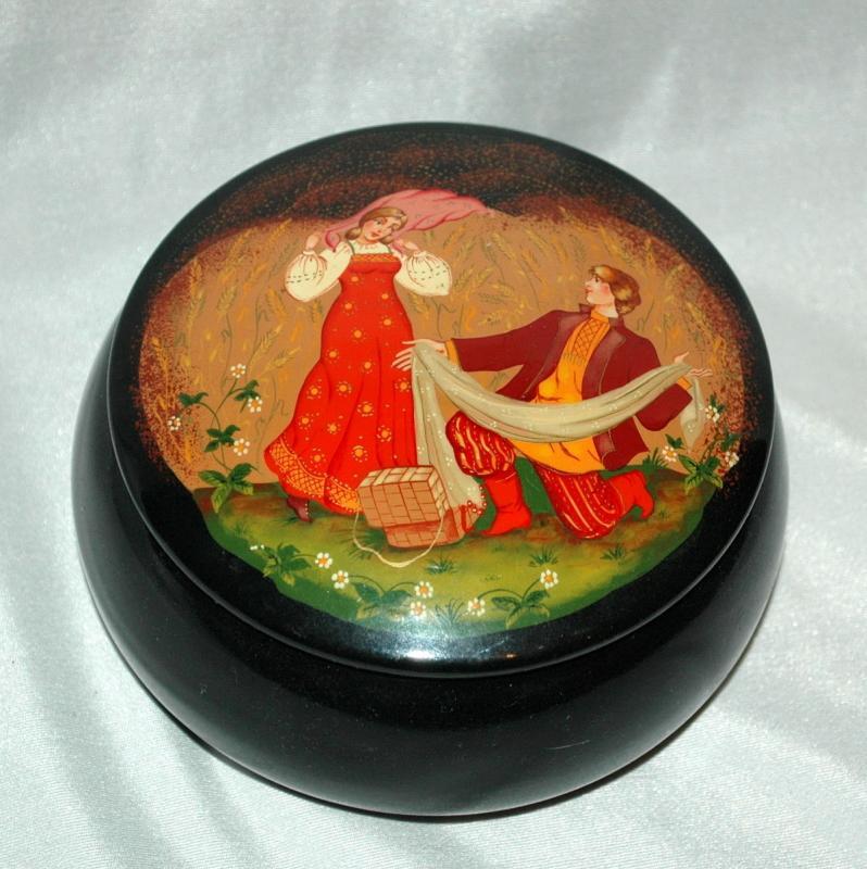 Russian Fairy Tale Tole Painting & lacquered over Metal Covered Bowl, Round Trinket Box USSR