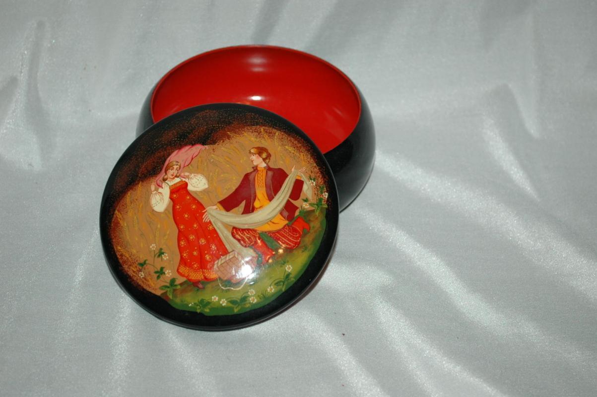 Russian Fairy Tale Tole Painting & lacquered over Metal Covered Bowl, Round Trinket Box USSR