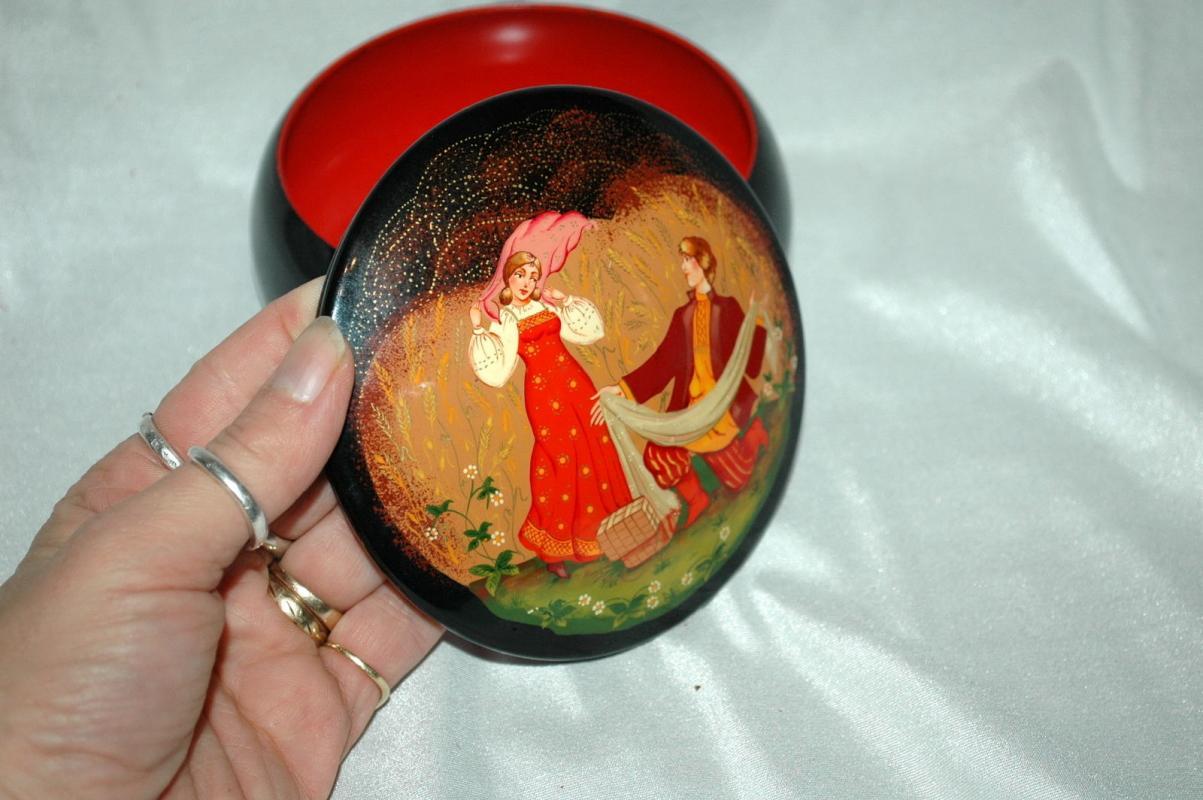 Russian Fairy Tale Tole Painting & lacquered over Metal Covered Bowl, Round Trinket Box USSR