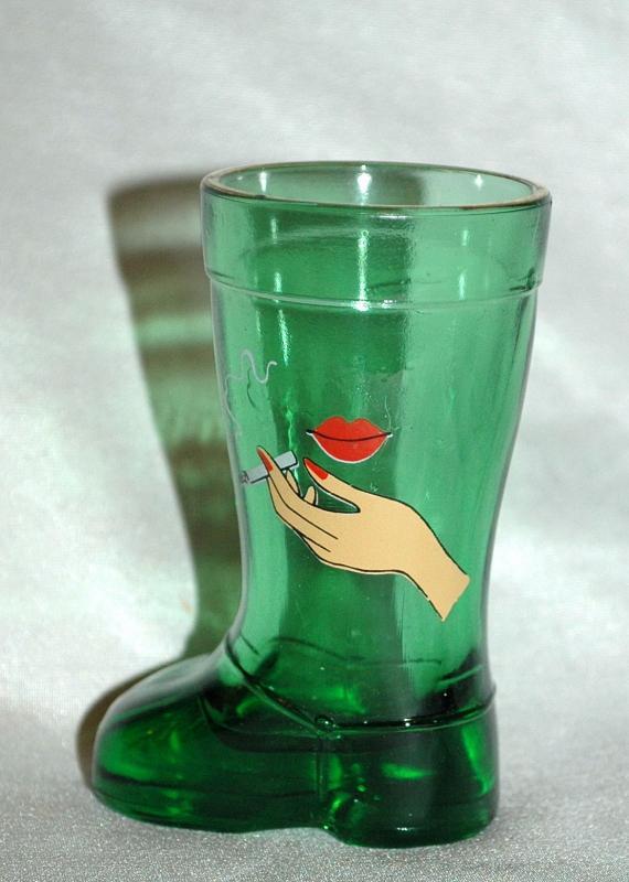 Mod Dep Green Boot Shot Glass , Woman's LIps and Hand with Cigarette