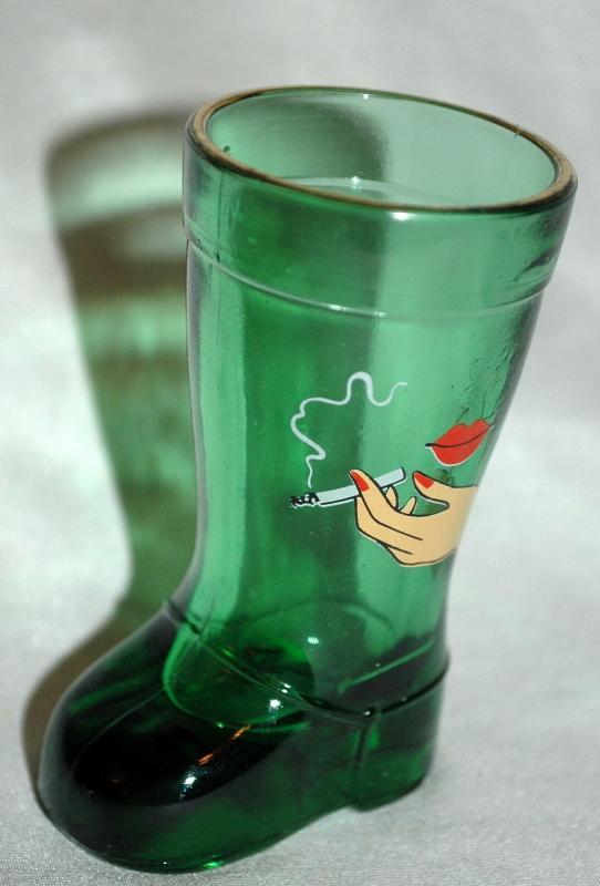 Mod Dep Green Boot Shot Glass , Woman's LIps and Hand with Cigarette