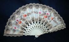 Large Beautiful Old Lace Hand Fan with Hand Painted Roses on Fabric