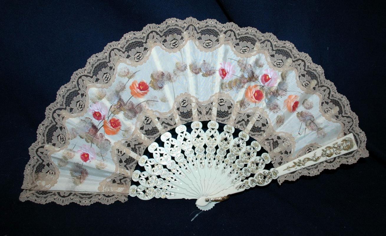 Large Beautiful Old Lace Hand Fan with Hand Painted Roses on Fabric