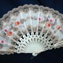 Large Beautiful Old Lace Hand Fan with Hand Painted Roses on Fabric