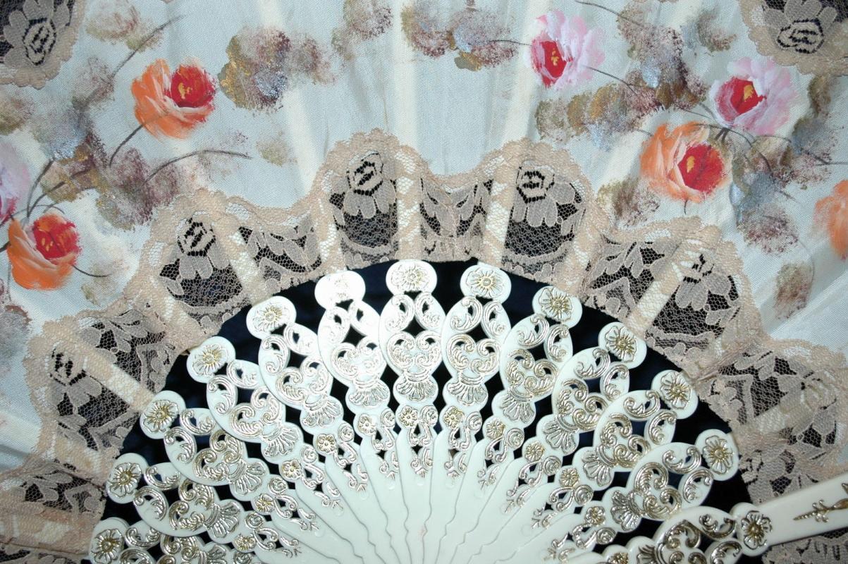 Large Beautiful Old Lace Hand Fan with Hand Painted Roses on Fabric