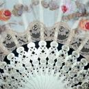 Large Beautiful Old Lace Hand Fan with Hand Painted Roses on Fabric