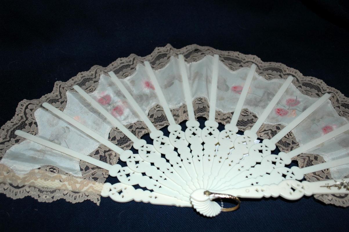 Large Beautiful Old Lace Hand Fan with Hand Painted Roses on Fabric
