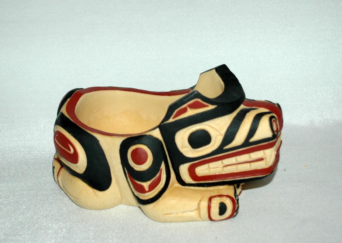 BOMA SPIRIT BEAR HOLDING ANOTHER FACE TRINKET HOLDER CARVED AND HAND PAINTED FROM CANADA'S FIRST NATION PEOPLE OR INTUITS