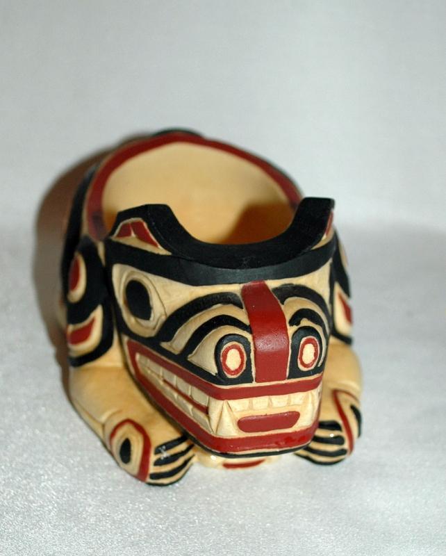 BOMA SPIRIT BEAR HOLDING ANOTHER FACE TRINKET HOLDER CARVED AND HAND PAINTED FROM CANADA'S FIRST NATION PEOPLE OR INTUITS