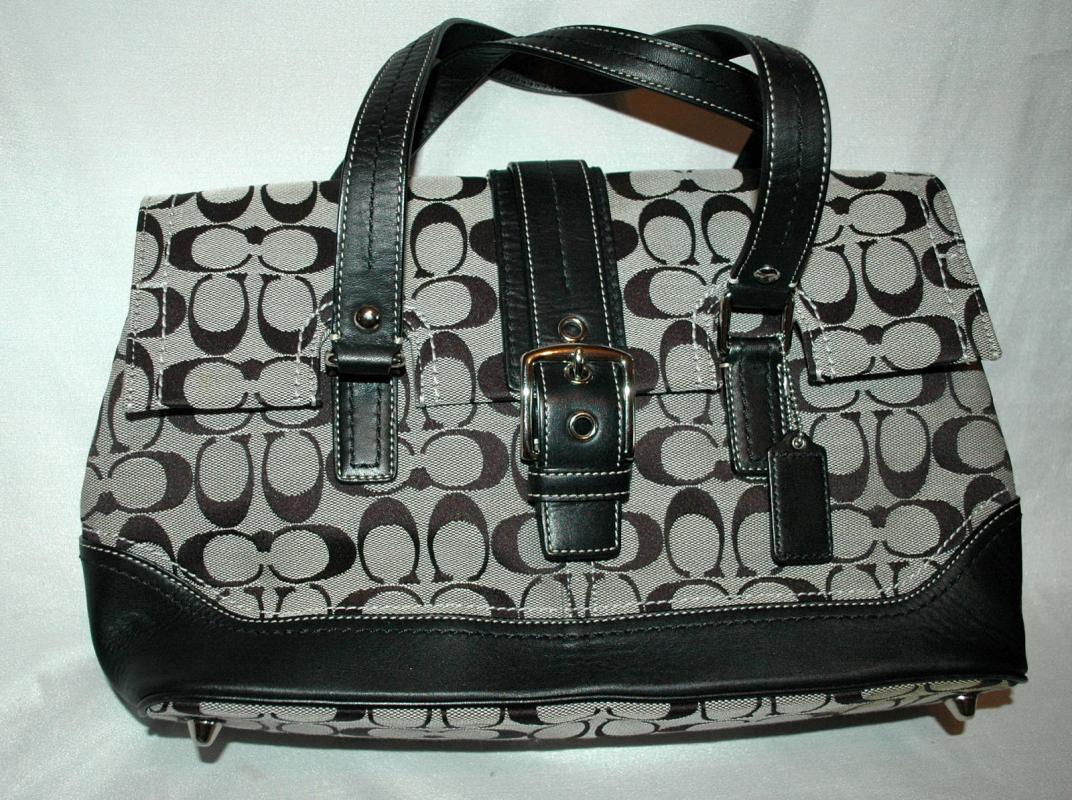 COACH - SIGNATURE STRIPE PURSE HANDBAG - BLACK AND GRAY