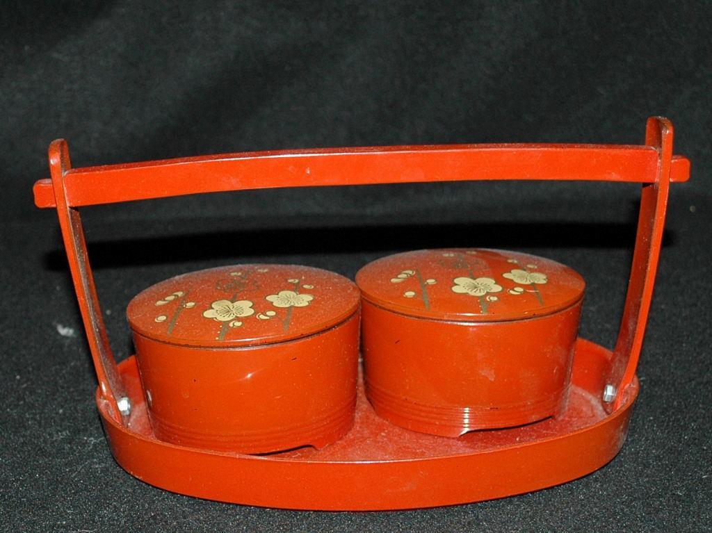 Asian Wood Lacquer-WareTea Caddy Set / 2 lidded bowls with carrying tray
