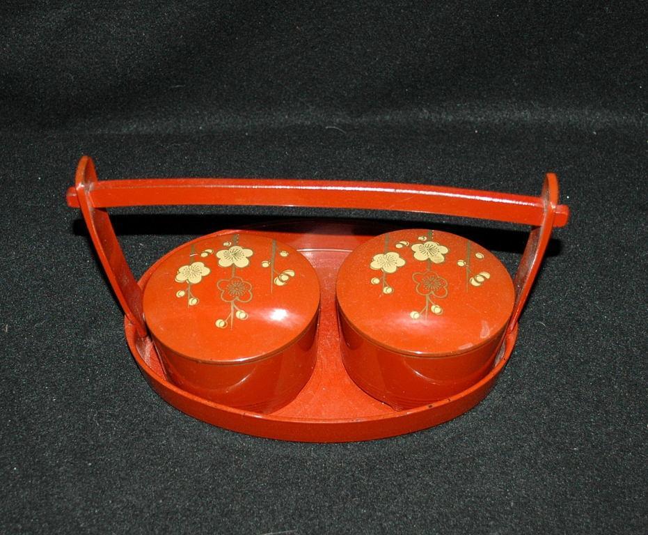 Asian Wood Lacquer-WareTea Caddy Set / 2 lidded bowls with carrying tray
