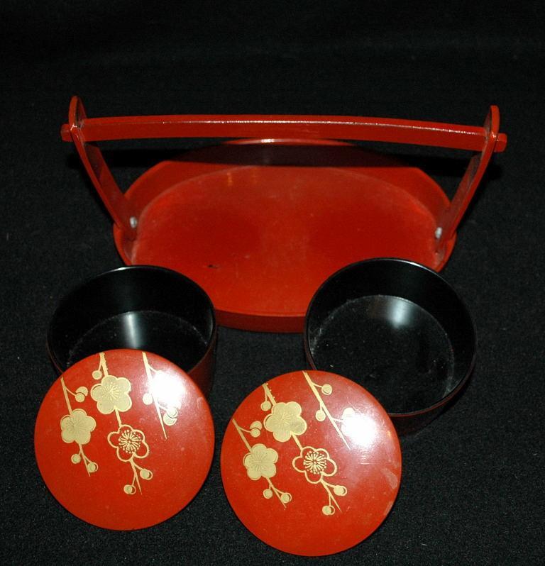 Asian Wood Lacquer-WareTea Caddy Set / 2 lidded bowls with carrying tray