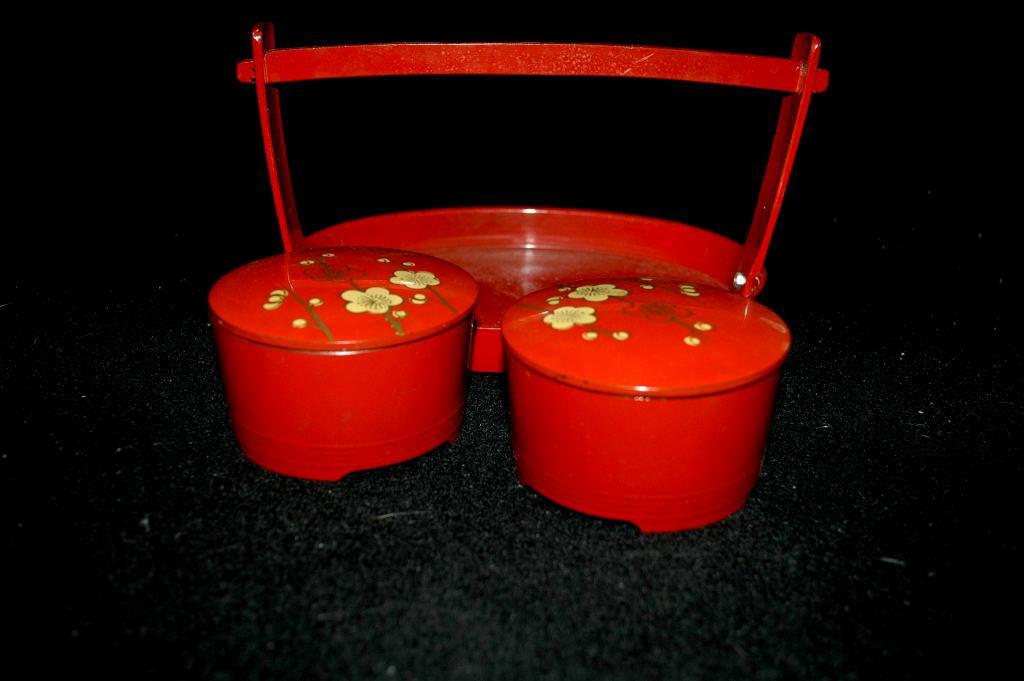 Asian Wood Lacquer-WareTea Caddy Set / 2 lidded bowls with carrying tray