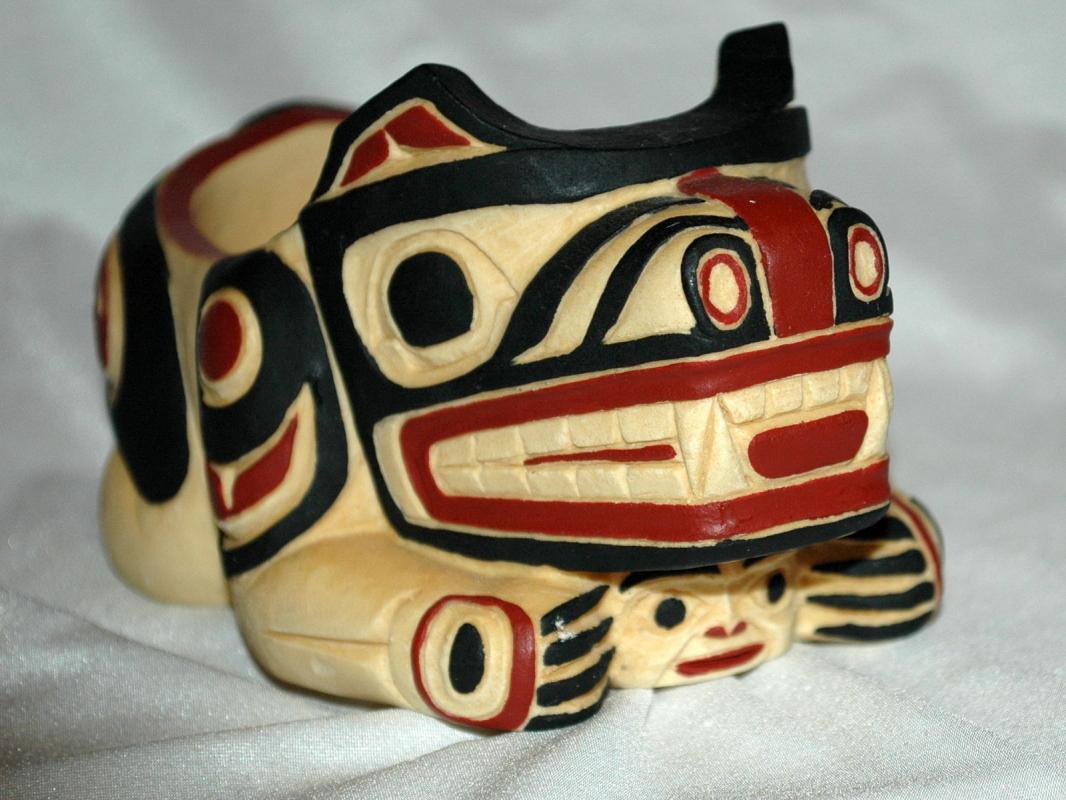 BOMA SPIRIT BEAR HOLDING ANOTHER FACE TRINKET HOLDER CARVED AND HAND PAINTED FROM CANADA'S FIRST NATION PEOPLE OR INTUITS