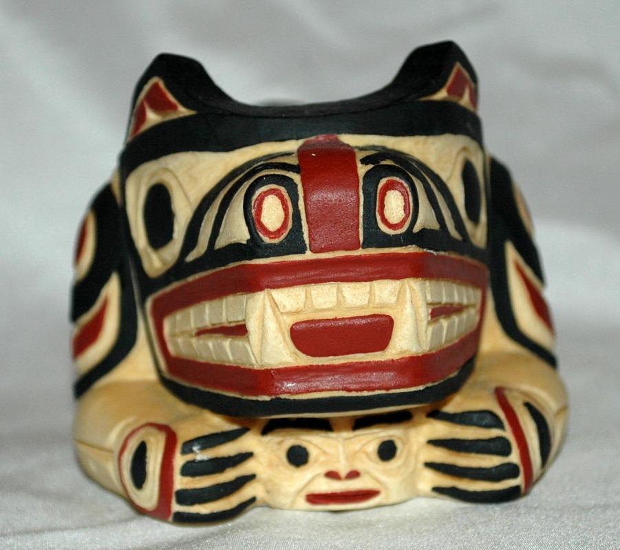 BOMA SPIRIT BEAR HOLDING ANOTHER FACE TRINKET HOLDER CARVED AND HAND PAINTED FROM CANADA'S FIRST NATION PEOPLE OR INTUITS