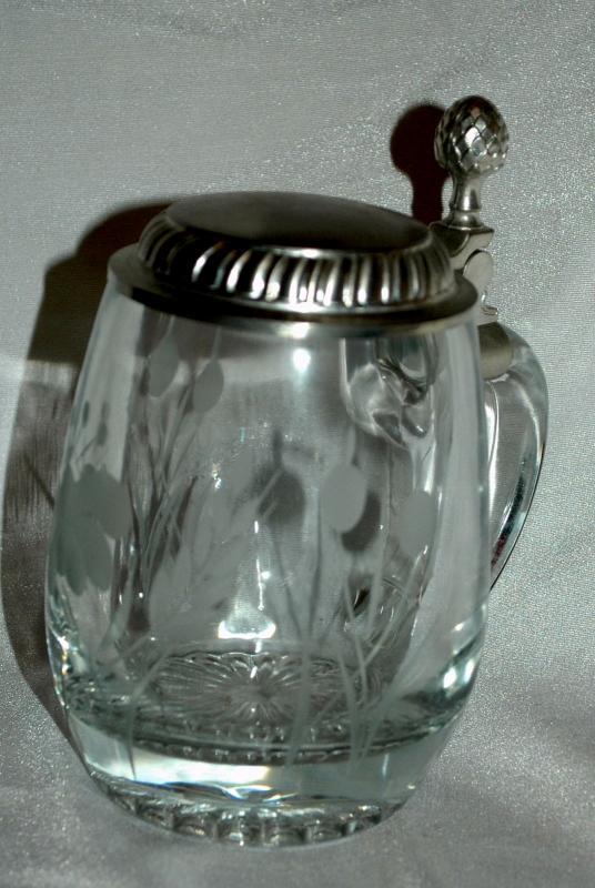 Etched Crystal German Beer Mug Stein marked 92% BMF-ZINN West Germany