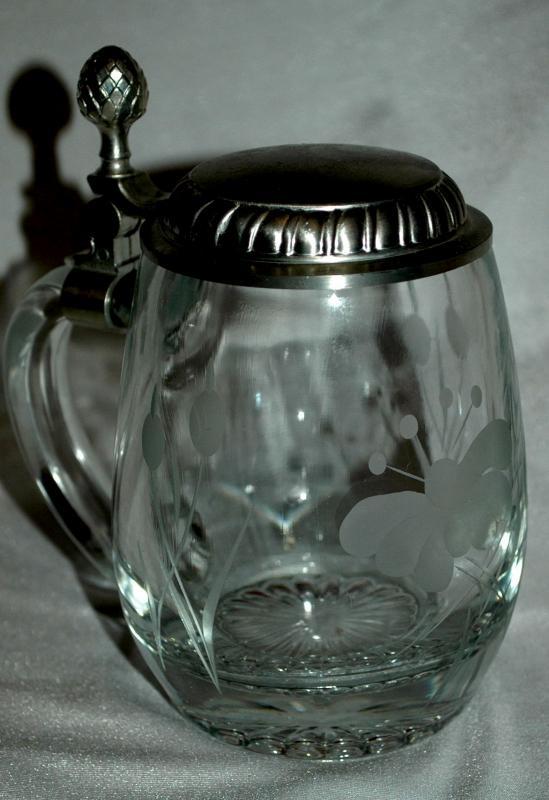 Etched Crystal German Beer Mug Stein marked 92% BMF-ZINN West Germany