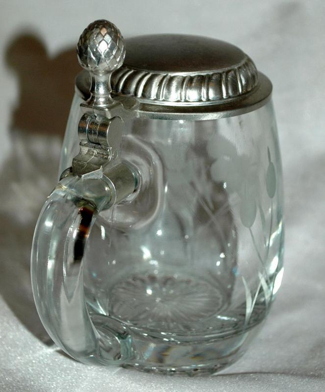 Etched Crystal German Beer Mug Stein marked 92% BMF-ZINN West Germany