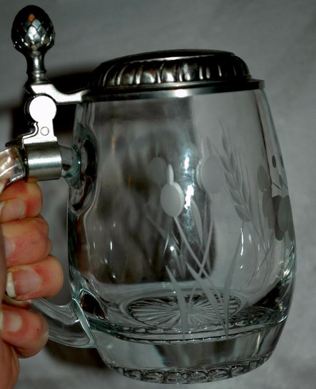 Etched Crystal German Beer Mug Stein marked 92% BMF-ZINN West Germany