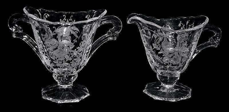 Beautiful FOOTED Etched Crystal Heisey Orchid Sugar and Creamer Circa: 1940 - 1957