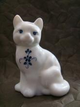 Fenton Opaque White Cat, Hand Painted with Blue Flowers Artist Signed