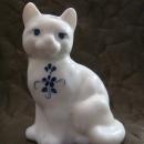 Fenton Opaque White Cat, Hand Painted with Blue Flowers Artist Signed