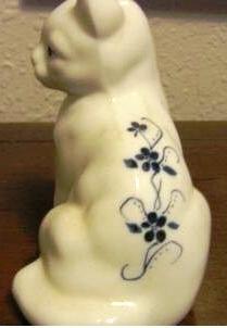 Fenton Opaque White Cat, Hand Painted with Blue Flowers Artist Signed