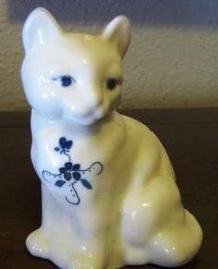 Fenton Opaque White Cat, Hand Painted with Blue Flowers Artist Signed