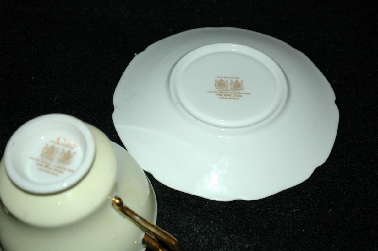 Paragon By Appointment H M The Queen & H M Queen Mary Fine Bone China England Tea Cup with Saucer Yellow with Gold
