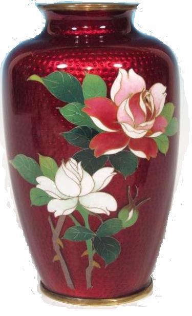 Japanese Ginbari Cloisonne Ando Sato Pigeon Blood Roses Vase