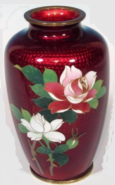 Japanese Ginbari Cloisonne Ando Sato Pigeon Blood Roses Vase