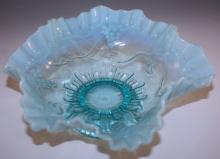 Jefferson Glass Company blue opalescent ruffle grape vine footed compote bowl EAPG