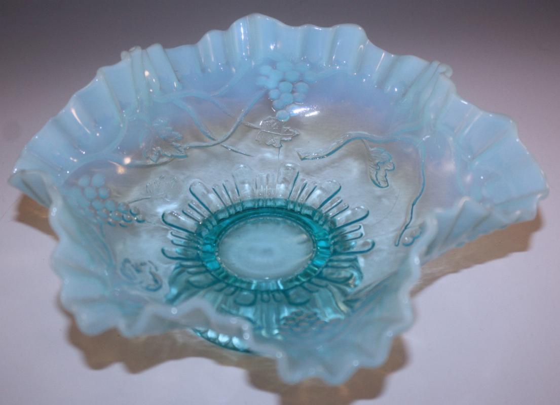 Jefferson Glass Company blue opalescent ruffle grape vine footed compote bowl EAPG