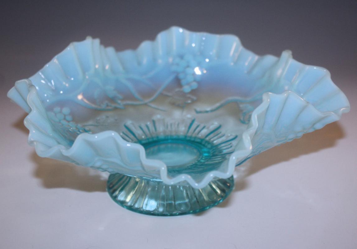 Jefferson Glass Company blue opalescent ruffle grape vine footed compote bowl EAPG
