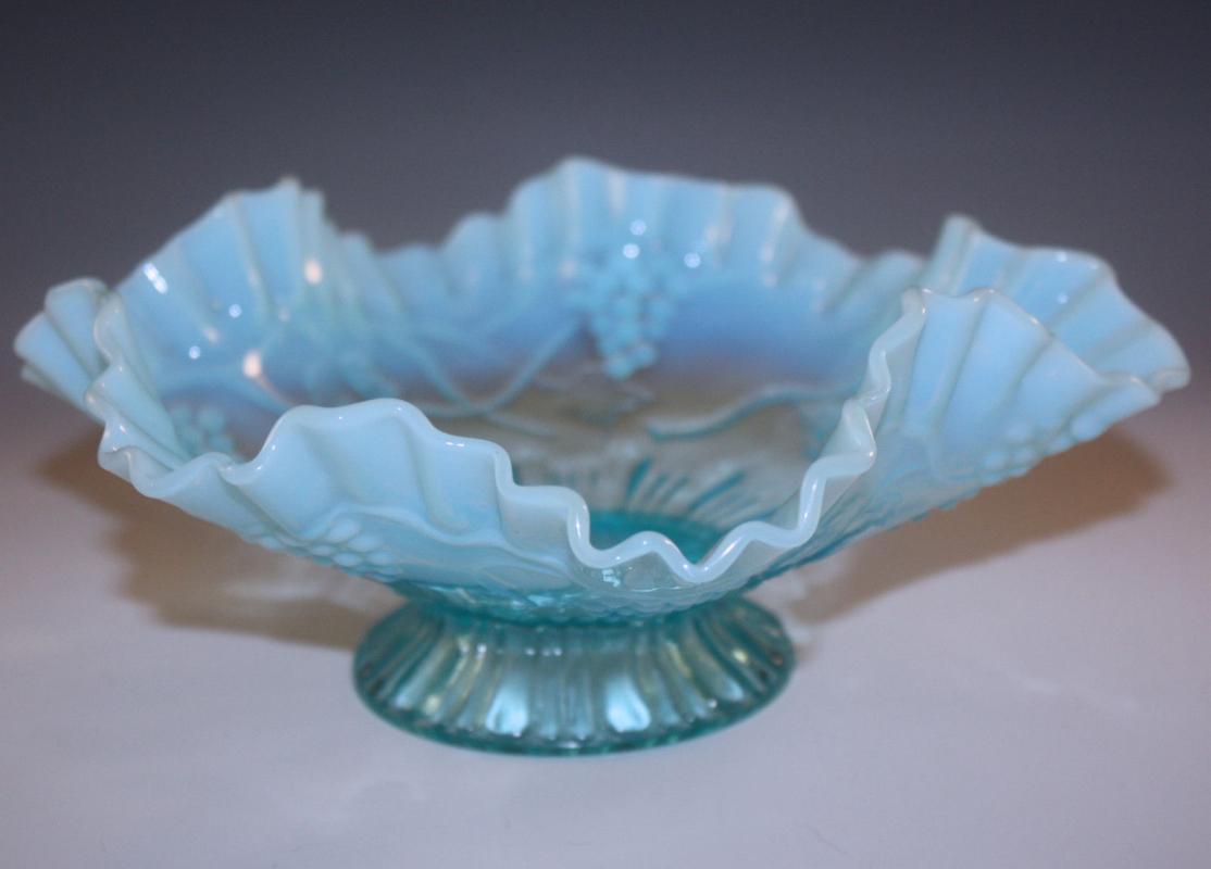 Jefferson Glass Company blue opalescent ruffle grape vine footed compote bowl EAPG