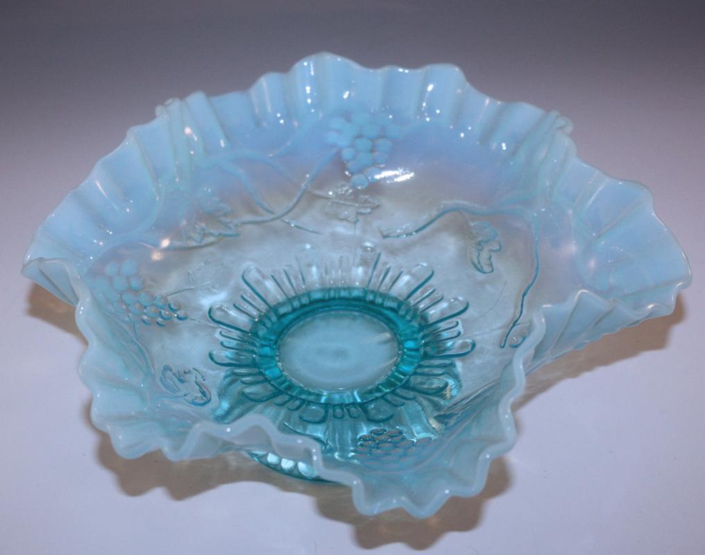 Jefferson Glass Company blue opalescent ruffle grape vine footed compote bowl EAPG