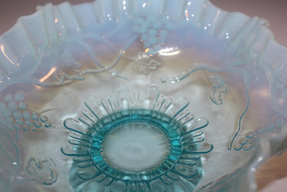 Jefferson Glass Company blue opalescent ruffle grape vine footed compote bowl EAPG