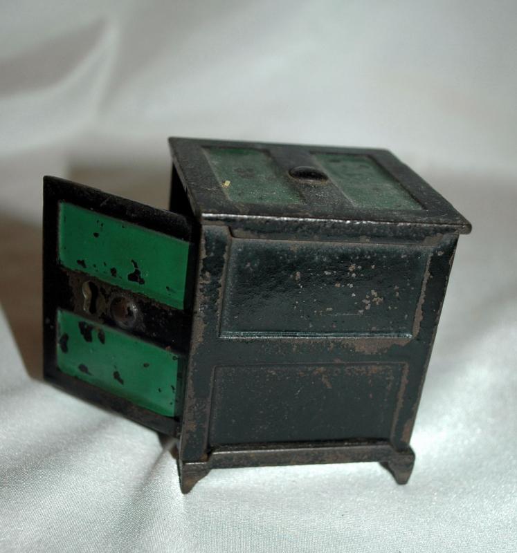 Antique Cast Iron Safe Style Coin Bank Key Operated with Hinged Door