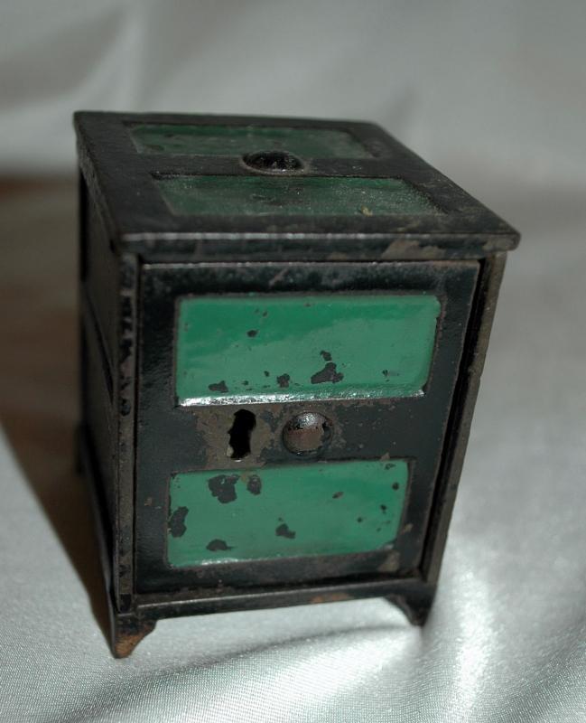 Antique Cast Iron Safe Style Coin Bank Key Operated with Hinged Door