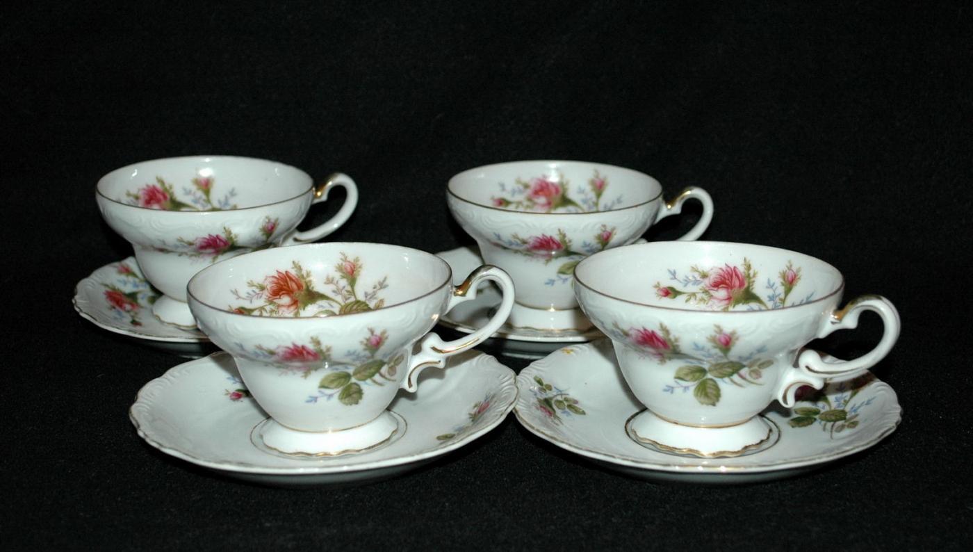 Aladin Occupied Japan Rose Pattern Tea Cup & Saucers 4 Sets Fine China