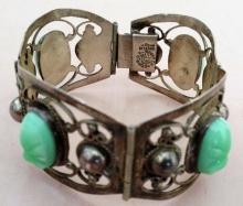 Vintage Mexico Sterling and Carved Green Onyx Bracelet