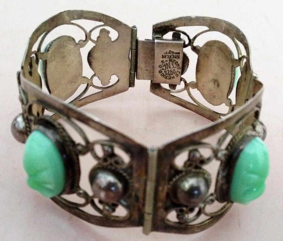 Vintage Mexico Sterling and Carved Green Onyx Bracelet