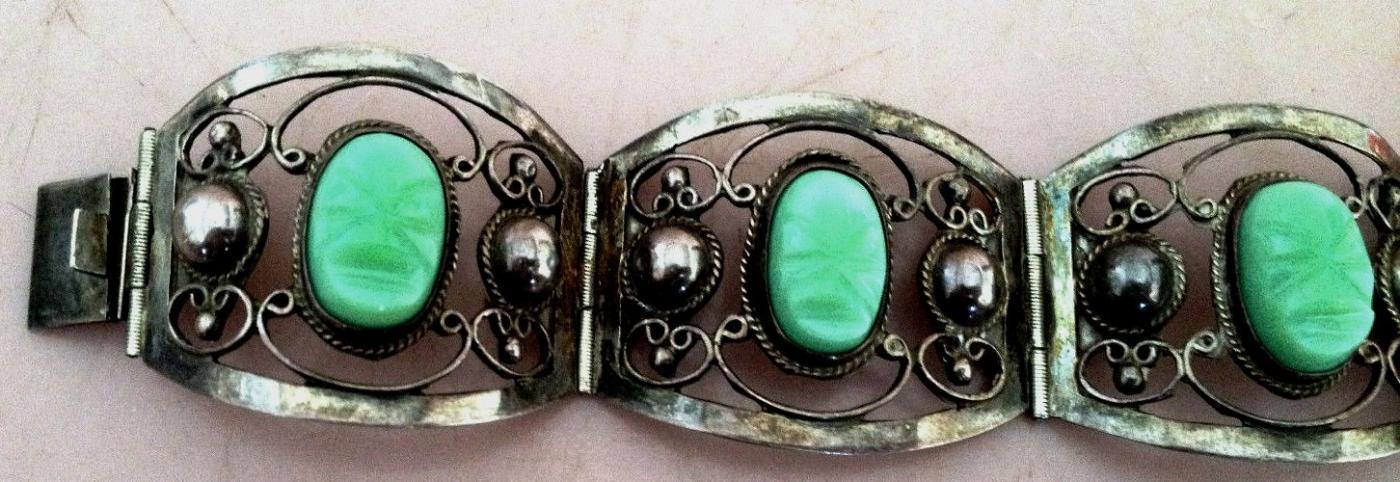 Vintage Mexico Sterling and Carved Green Onyx Bracelet