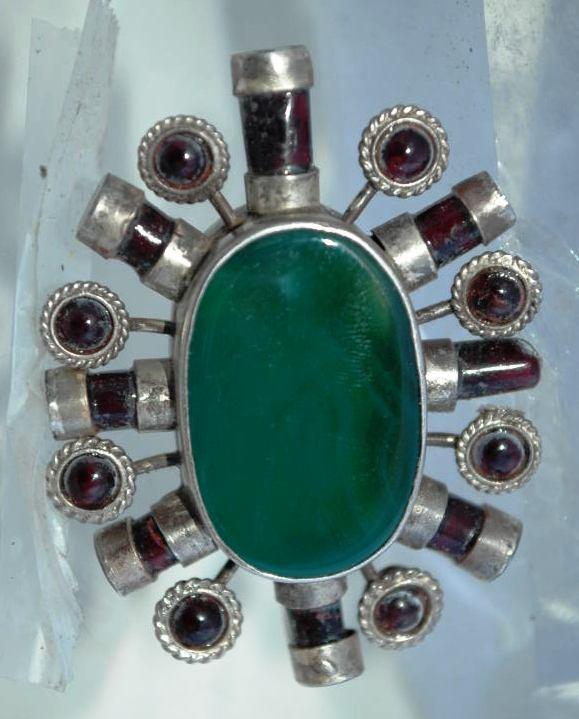 Huge Irish Celtic Sterling Silver , Garnet, Green Agate Medallion Pendant