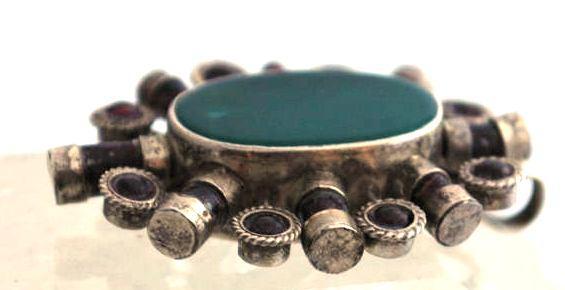 Huge Irish Celtic Sterling Silver , Garnet, Green Agate Medallion Pendant