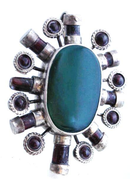 Huge Irish Celtic Sterling Silver , Garnet, Green Agate Medallion Pendant