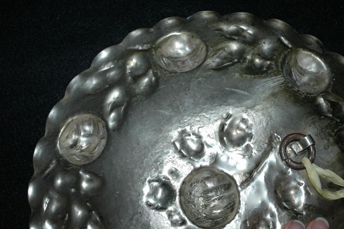 Hand Hammered Silver Metal Deep Repousse Artichokes Decorative Wall Plate
