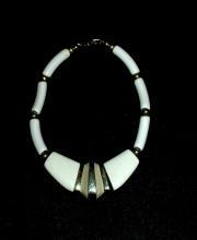 Trifari Chunky Necklace, High Fashion, Enameled Gold Tone Center piece and Ivory Colored Beads.