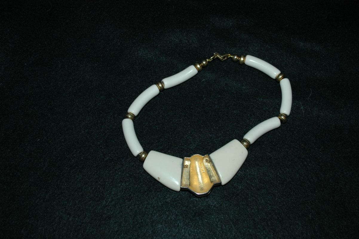 Trifari Chunky Necklace, High Fashion, Enameled Gold Tone Center piece and Ivory Colored Beads.